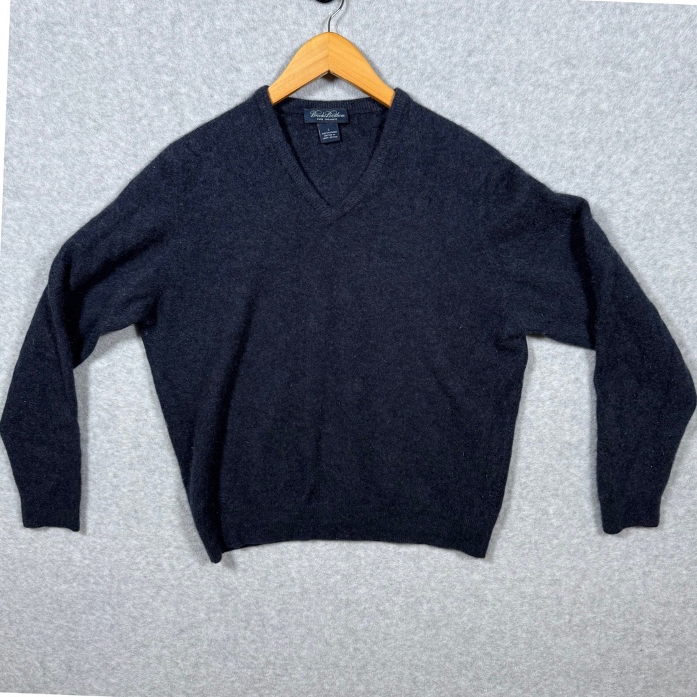 Brooks Brothers Pure Cashmere V-Neck Sweater Mens Large Navy Blue Made in GB